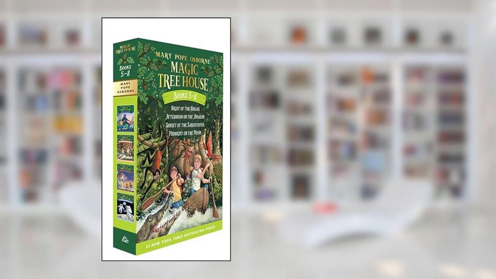 Magic Tree House Boxed Set, Books 5-8: Night of the Ninjas, Afternoon on the Amazon, Sunset of the Sabertooth, and Midnight on the Moon, written by Mary Pope Osborne