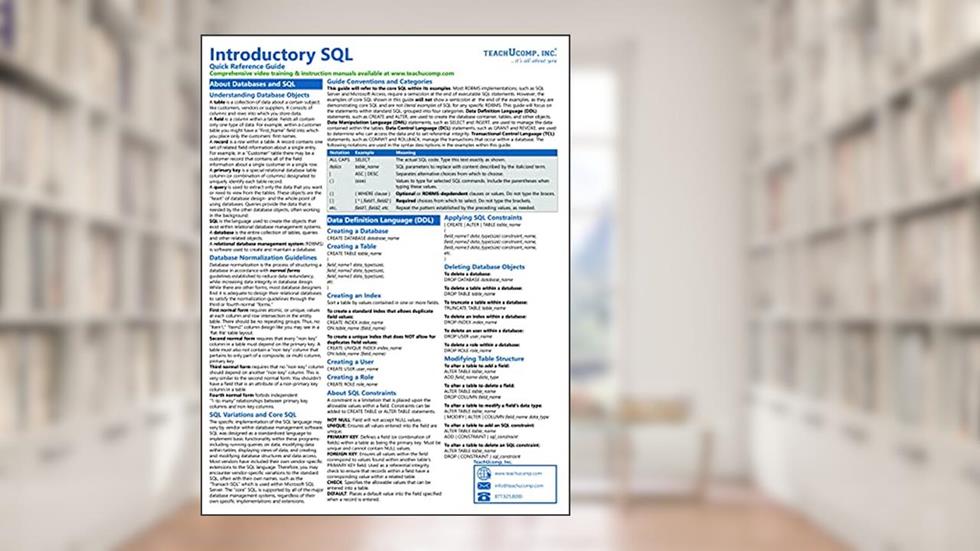Introductory SQL Quick Reference Training Card - Laminated Tutorial Guide Cheat Sheet (Instructions and Tips), written by TeachUcomp Inc