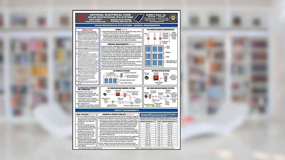 Solar Photovoltaic (PV) Systems based on 2017 National Electrical Code (NEC) Quick-Card, written by Builders Book Inc