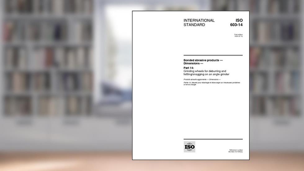 ISO 603-14:1999, Bonded abrasive products -- Dimensions -- Part 14: Grinding wheels for deburring and fettling/snagging on an angle grinder, written by International Organization for Standardization