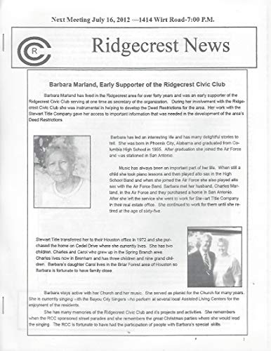 Read Ridgecrest News (Houston, Texas): June 2012: Barbara Marland, early Supporter of the Ridgcrest Civic Club, written by David Hinson