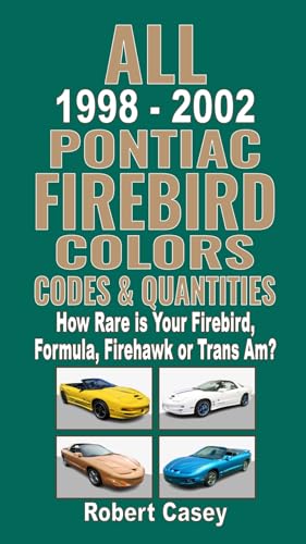 Read All 1998-2002 Pontiac Firebird Colors, Codes & Quantities: How Rare is Your Firebird, Formula, Firehawk or Trans Am?, written by Robert Casey Read All 1998-2002 Pontiac Firebird Colors, Codes & Quantities: How Rare is Your Firebird, Formula, Firehawk or Trans Am?, written by Robert Casey